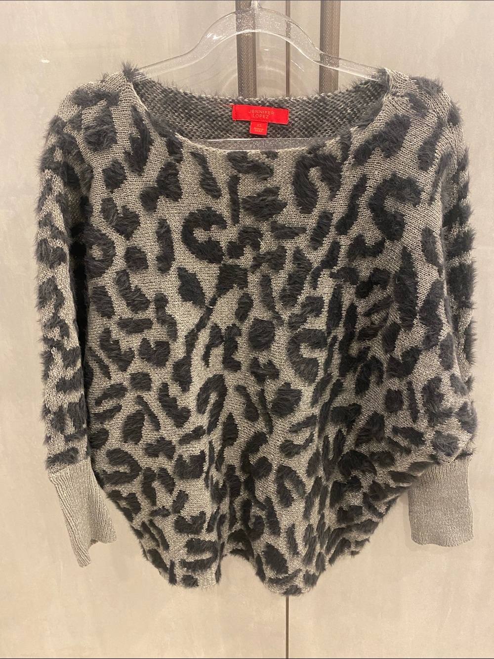 Jennifer Lopez Gray and Black Leopard Fuzzy Crewneck Sweater size XS